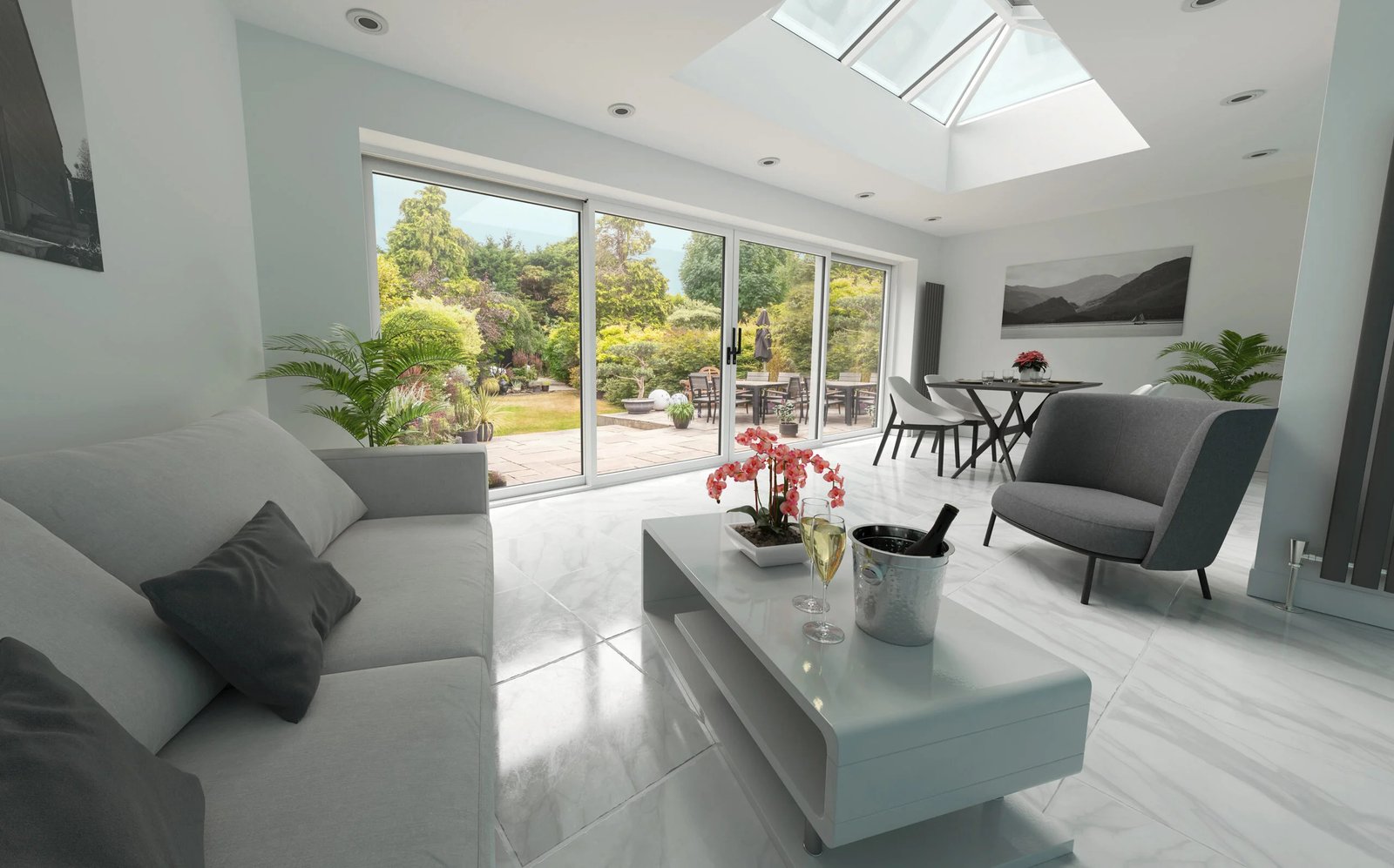Large aluminium sliding door with overlapping glass panels and track