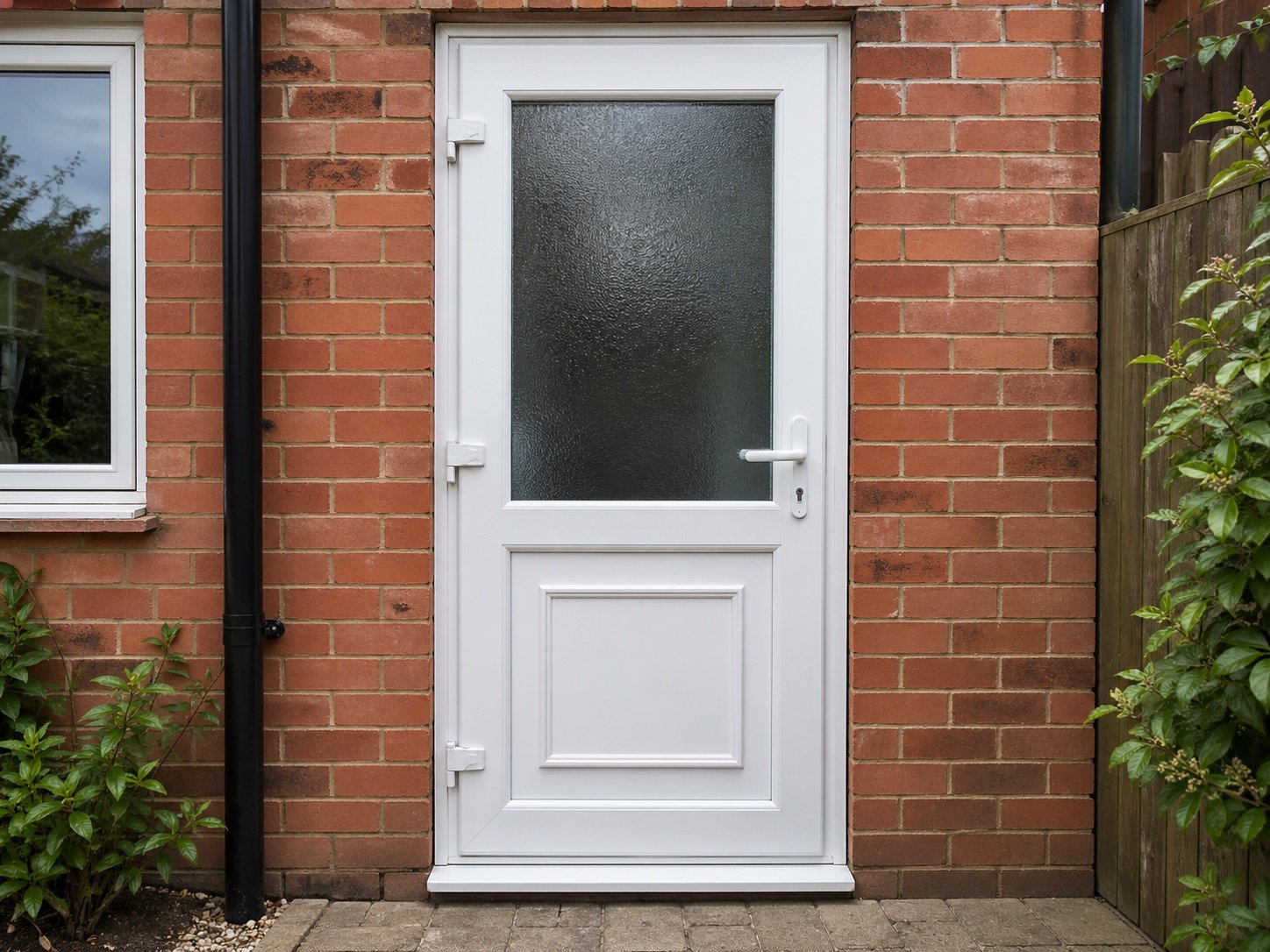 White uPVC panel door with frosted glass and moulded lower panel